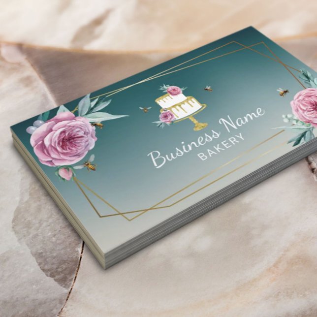 Bakery Pastry Chef Flower & Bees Teal Cake Business Card (Creator Uploaded)