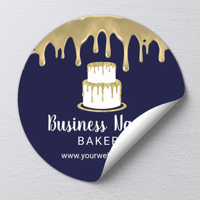 Bakery Pastry Chef Gold Cake Logo Modern Navy Blue Classic Round Sticker (Creator Uploaded)
