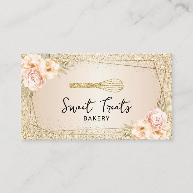 Bakery Pastry Chef Gold Glitter Floral Sweet Cake Business Card (Front)