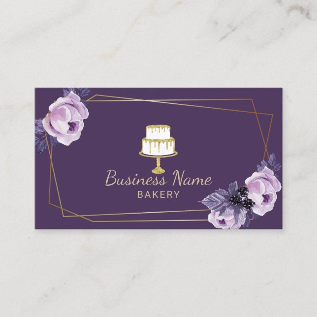 Bakery Pastry Chef Gold Sweet Cake Purple Floral Business Card (Front)