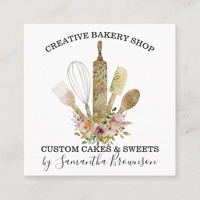 Bakery Pastry Chef Kitchen Utensils wooden best Square Business Card (Front)