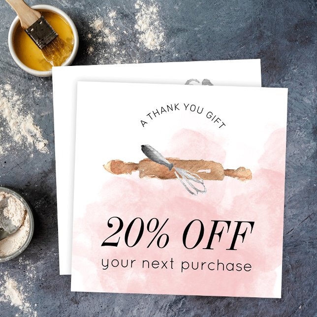 Bakery Pastry Chef Logo Pink Watercolor Catering Discount Card (Elegant blush pink watercolor bakery or catering business thank you discount cards)