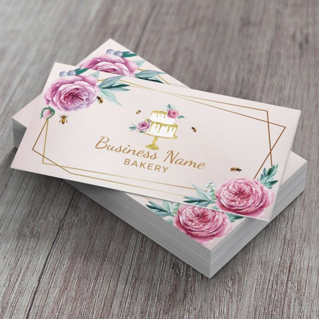 Bakery Pastry Chef Pink Flower & Bees Sweet Cake Business Card (Creator Uploaded)