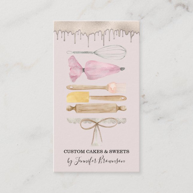 Bakery Pastry Chef Pink Watercolor Cake Drip Business Card (Front)
