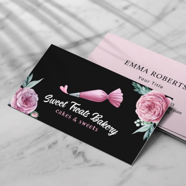 Bakery Pastry Chef Piping Bag & Heart Black Floral Business Card (Creator Uploaded)
