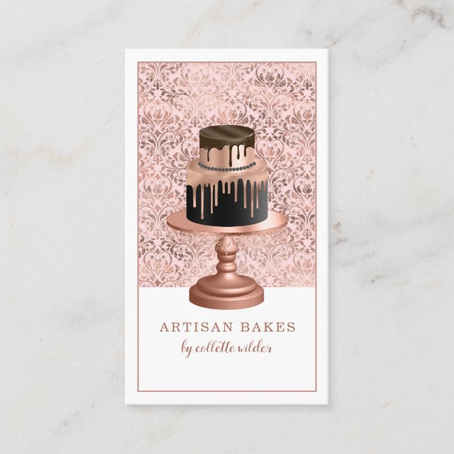 Bakery Pastry Chef Rose Gold Drips Cake Damask Business Card (Front)