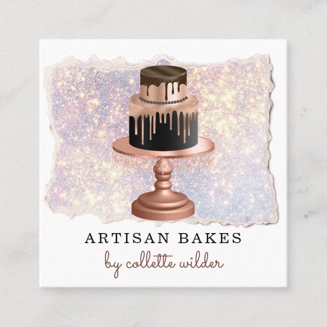 Bakery Pastry Chef Rose Gold Drips Cake Glitter Square Business Card (Front)