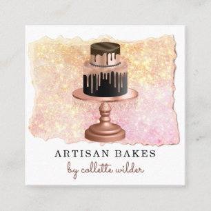 Bakery Pastry Chef Rose Gold Drips Sparkle Square  Business Card