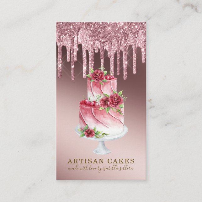 Bakery Pastry Chef Rose Gold Glitter Drips Business Card (Front)