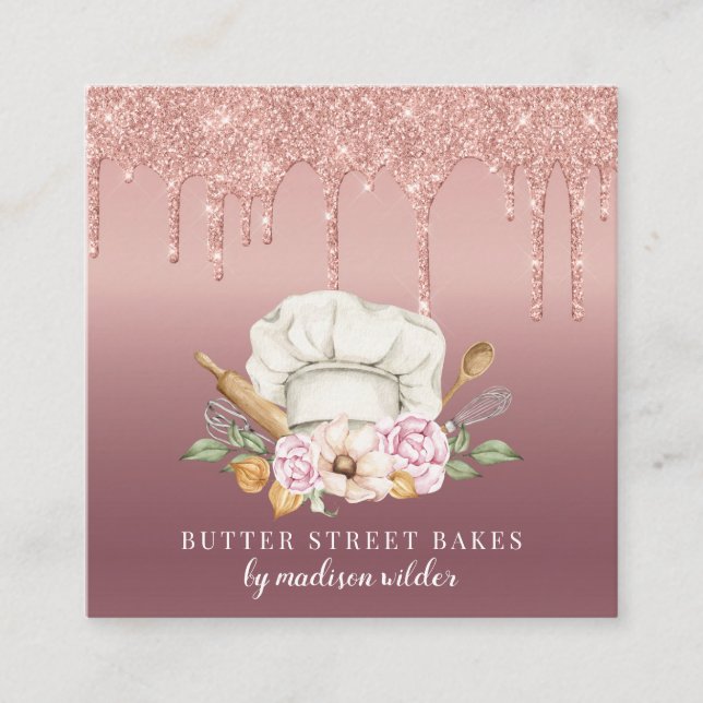 Bakery Pastry Chef Rose Gold Glitter Drips Square Business Card (Front)