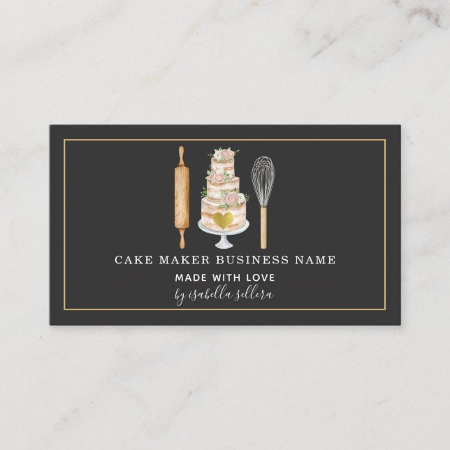 Bakery Pastry Chef Watercolor Baking Utensil Black Business Card (Front)