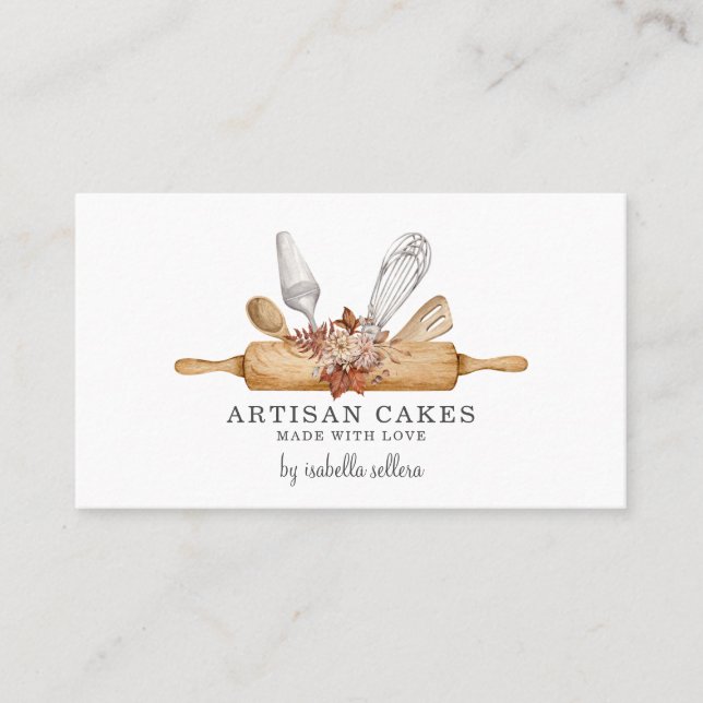 Bakery Pastry Chef Watercolor Baking Utensils Business Card (Front)