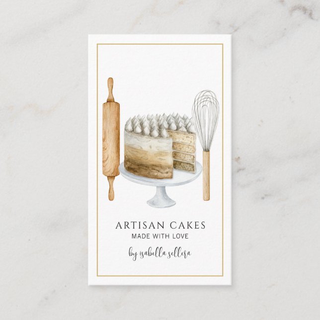 Bakery Pastry Chef Watercolor Baking Utensils Cake Business Card (Front)