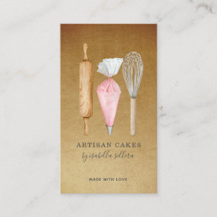 Bakery Pastry Chef Watercolor Baking Utensils Gold Business Card