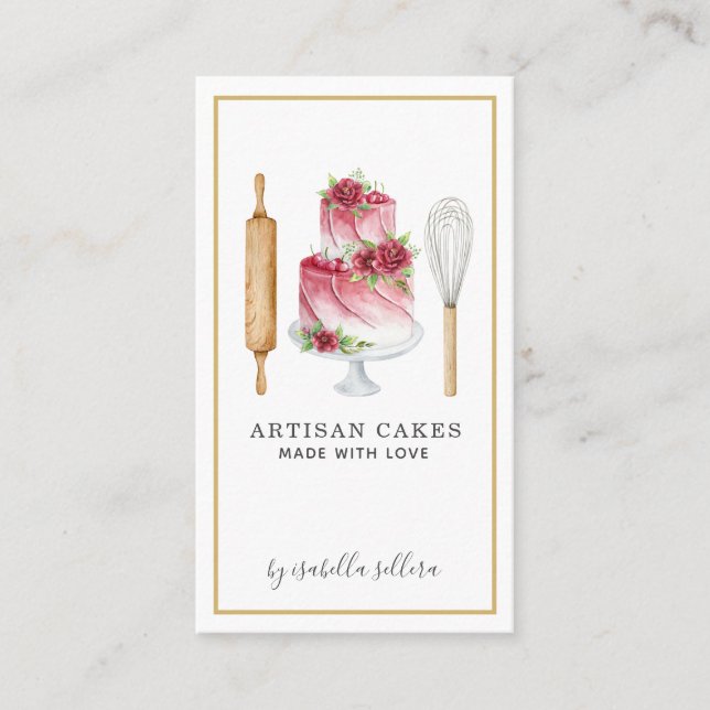 Bakery Pastry Chef Watercolor Cake Baking Utensils Business Card (Front)