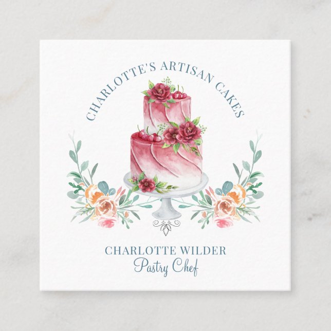 Bakery Pastry Chef Watercolor Cake Dessert Square Business Card (Front)