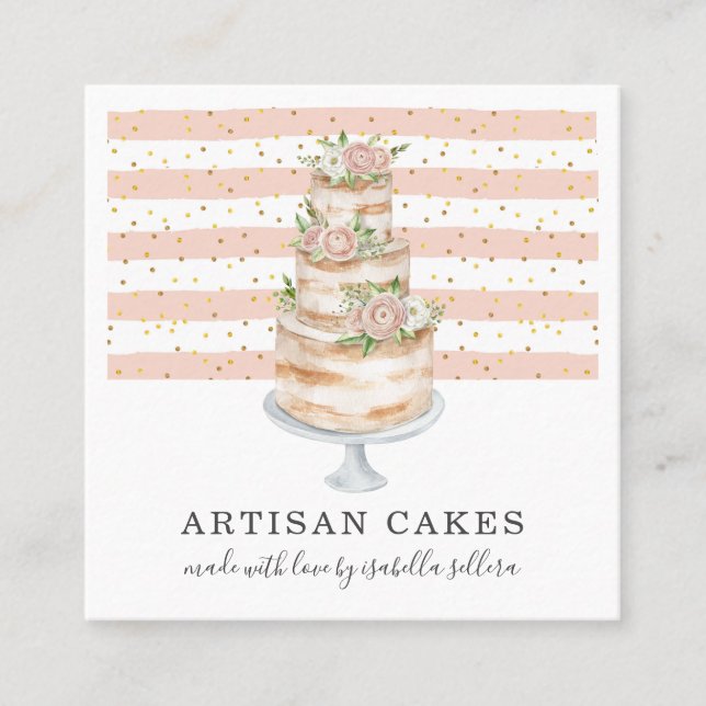 Bakery Pastry Chef Watercolor Cake Square Business Card (Front)