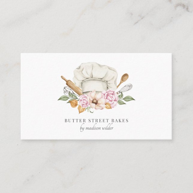 Bakery Pastry Chef Watercolor Chef Hat Utensils Business Card (Front)