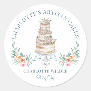 Bakery Pastry Chef Watercolor Floral Cake Logo Classic Round Sticker