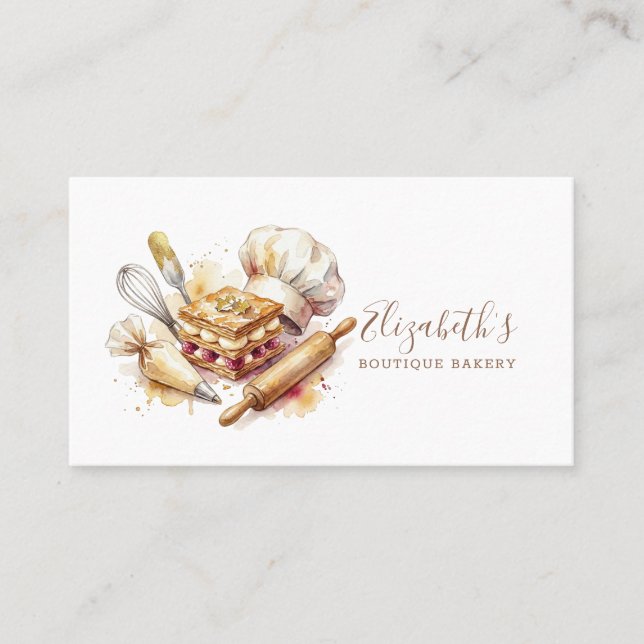 Bakery Pastry Chef Watercolor Gold Baking Catering Business Card (Front)