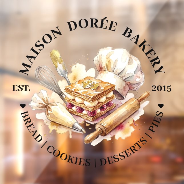 Bakery Pastry Chef Watercolor Gold Baking Catering Window Cling (Sheet 2)