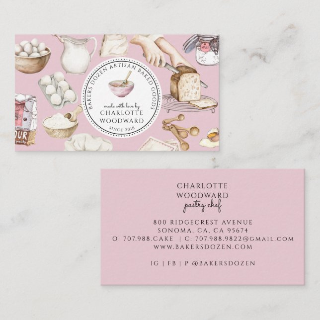 Bakery Pastry Chef Watercolor Pink Business Card (Front/Back)