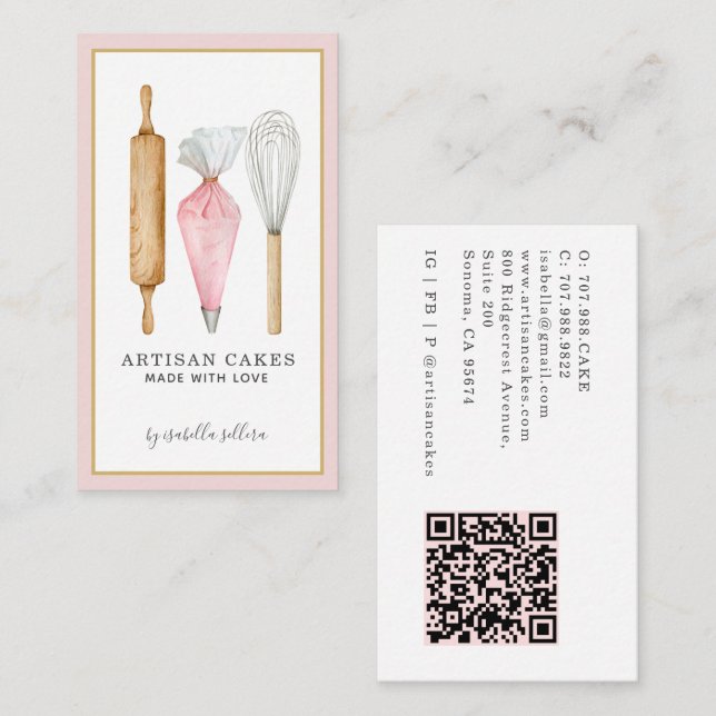 Bakery Pastry Chef Watercolor Utensils QR Code Business Card (Front/Back)