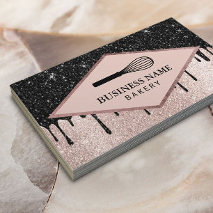 Bakery Pastry Chef Whisk Black Drips Rose Gold  Business Card