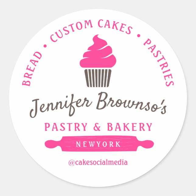 Bakery Pastry Cupcake Pink Classic Round Sticker (Front)