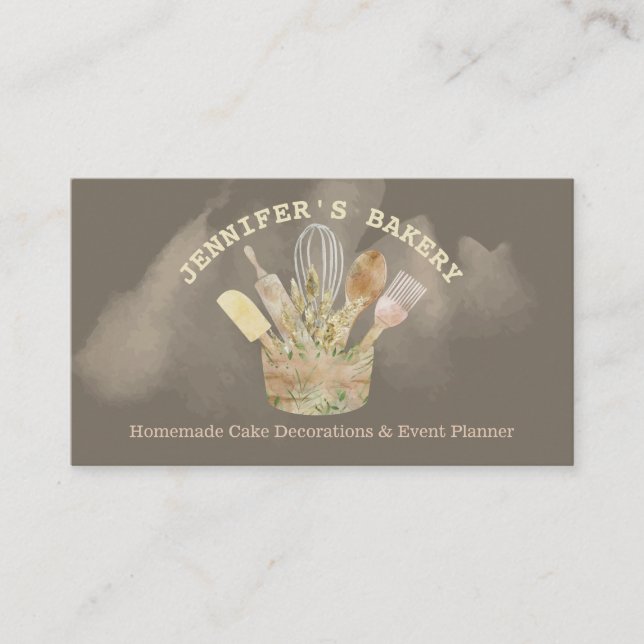 Bakery pastry elegant chef rustic watercolor business card (Front)
