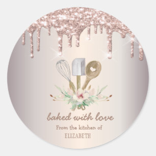 Bakery Pastry Hand Tools Rose Gold Glitter Drips Classic Round Sticker