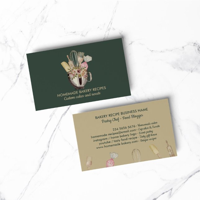 Bakery pastry hand tools sage green gold business card (Bakery pastry hand tools sage green gold business card)