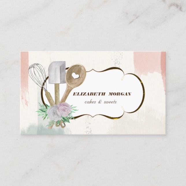 Bakery Pastry Hand Tools Watercolor Brush Stroke Business Card (Front)