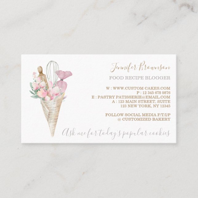 Bakery Pastry Pink Flowers Boho Creative chef Business Card (Front)