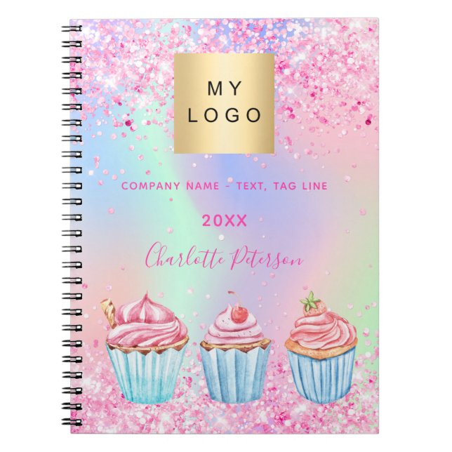 Bakery pastry shop glitter cupcakes name  notebook (Front)