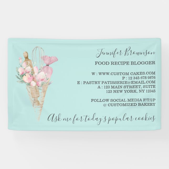Bakery Pastry Teal Green Flowers Boho Creative Banner (Horizontal)