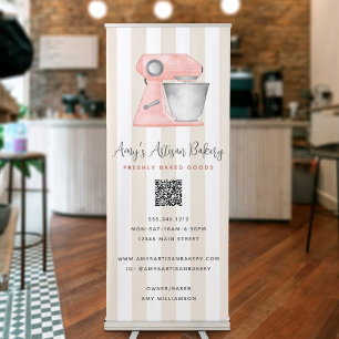 Bakery Peach Kitchen Mixer Beige Stripes QR Code Retractable Banner