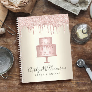 Bakery Pink Cake Dessert Glitter Drips Chef Gold Notebook