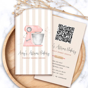 Bakery Pink Kitchen Mixer Beige Stripes QR Code Business Card