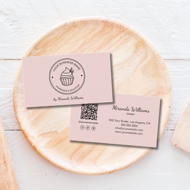 Bakery Pink Your Own Logo QR Social Media Business Card (Bakery Pink Your Own Logo QR Social Media Business Card)