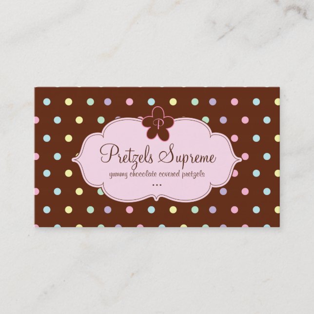 Bakery Polka Dots Chocolate Pink Floral Monogram Business Card (Front)