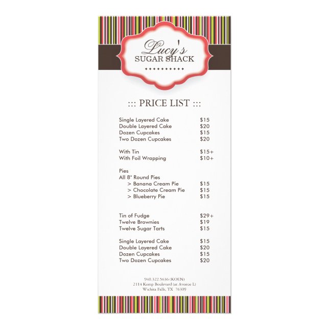 Bakery Price List Rack Card (Front)