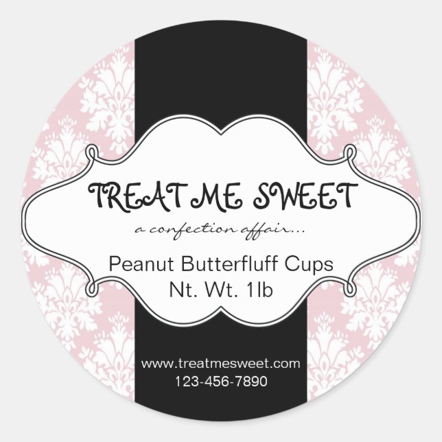 Bakery Product Labels Pink Damask Round Stickers (Front)