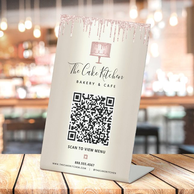 Bakery QR Code Scan Menu Pink Cake Glitter Gold  Pedestal Sign (Creator Uploaded)