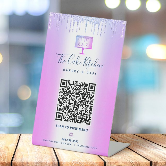 Bakery QR Code Scan Menu Purple Cake Glitter Drips Pedestal Sign (Creator Uploaded)