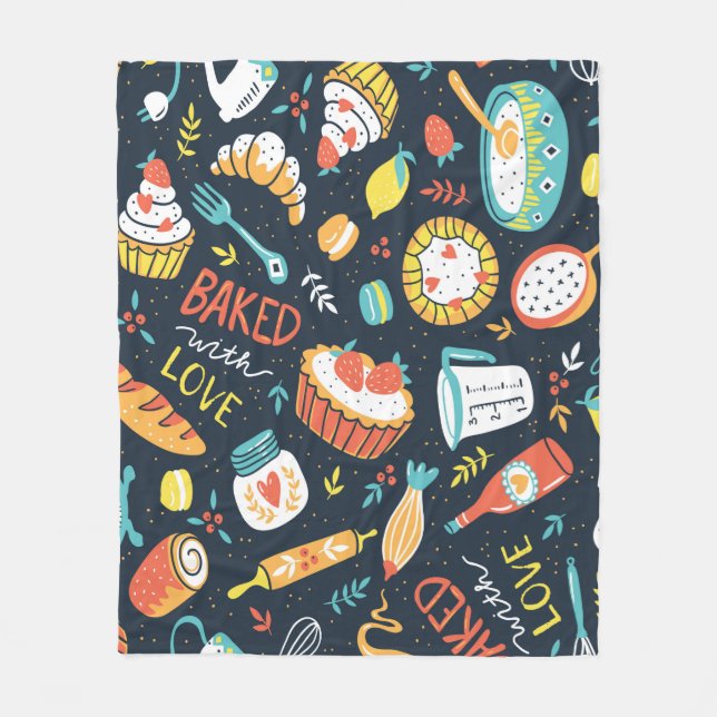 Bakery retro seamless pattern with dots and floral fleece blanket (Front)