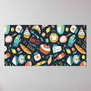 Bakery retro seamless pattern with dots and floral poster