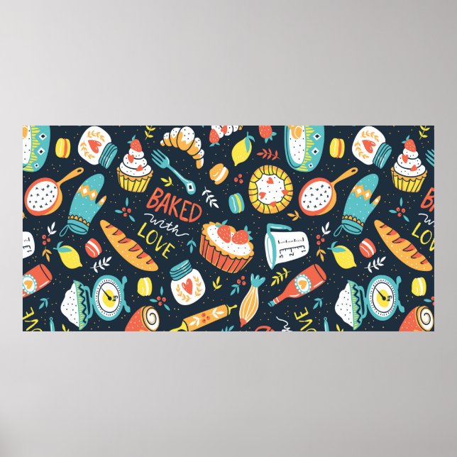 Bakery retro seamless pattern with dots and floral poster (Front)