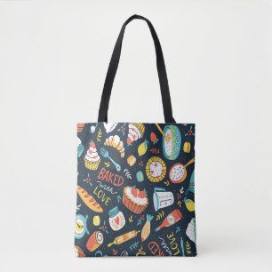 Bakery retro seamless pattern with dots and floral tote bag