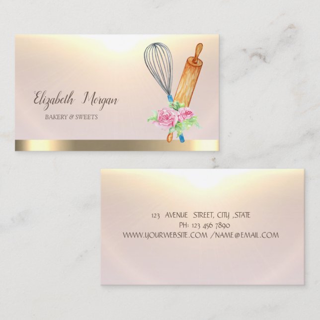 Bakery Rolling Pin Whisk Flowers Gold Business Card (Front/Back)